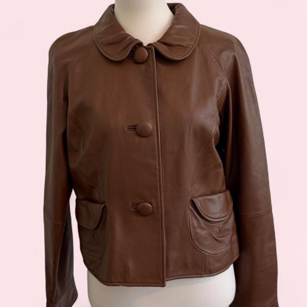 Bagatelle Brown Genuine Leather Jacket | Peter Pan Collar | Size L